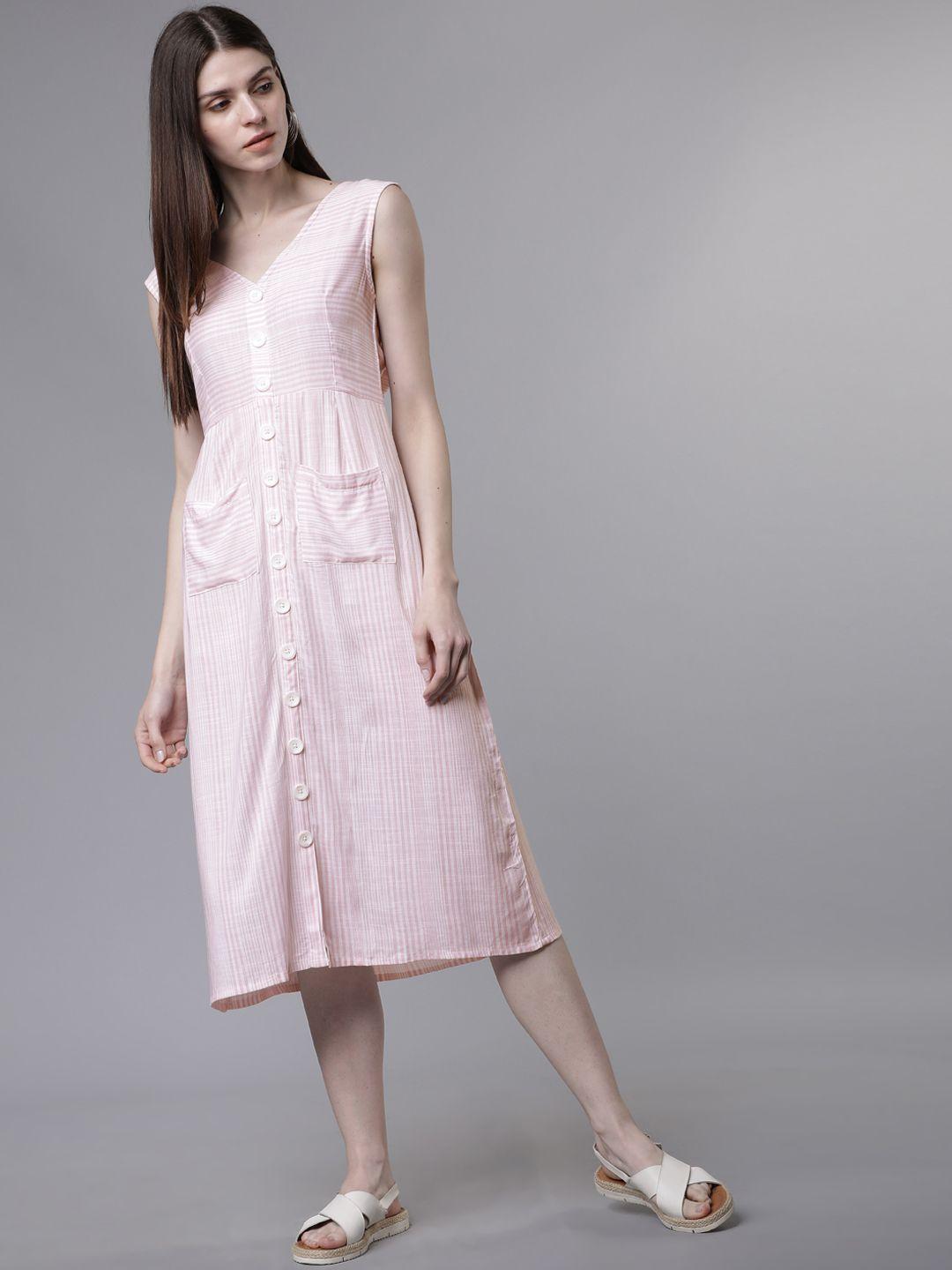tokyo talkies women pink & white striped fit and flare dress