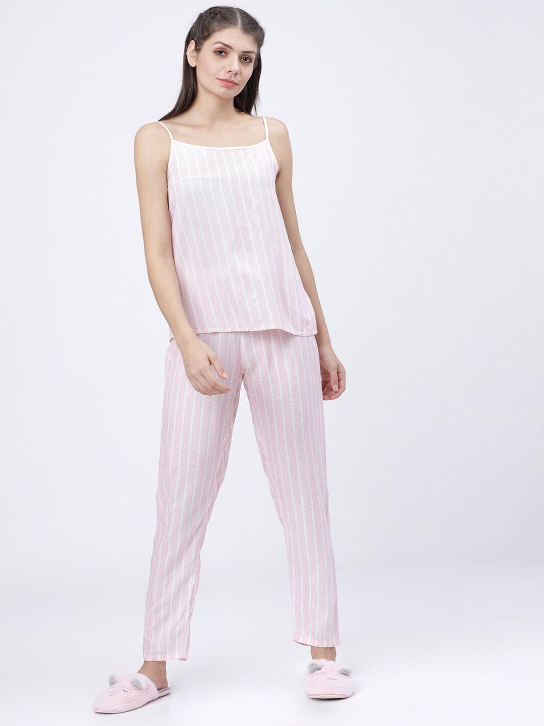 tokyo talkies women pink & white striped night suit