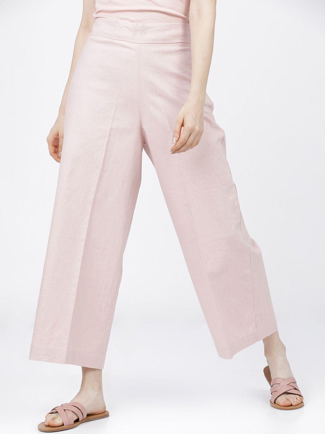 tokyo talkies women pink flared parallel trousers