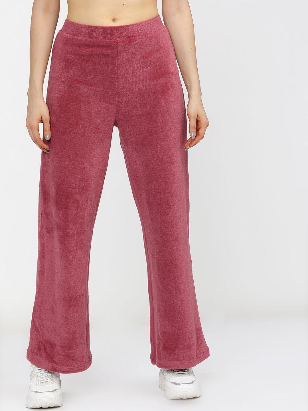tokyo talkies women pink flared velvet bootcut trousers