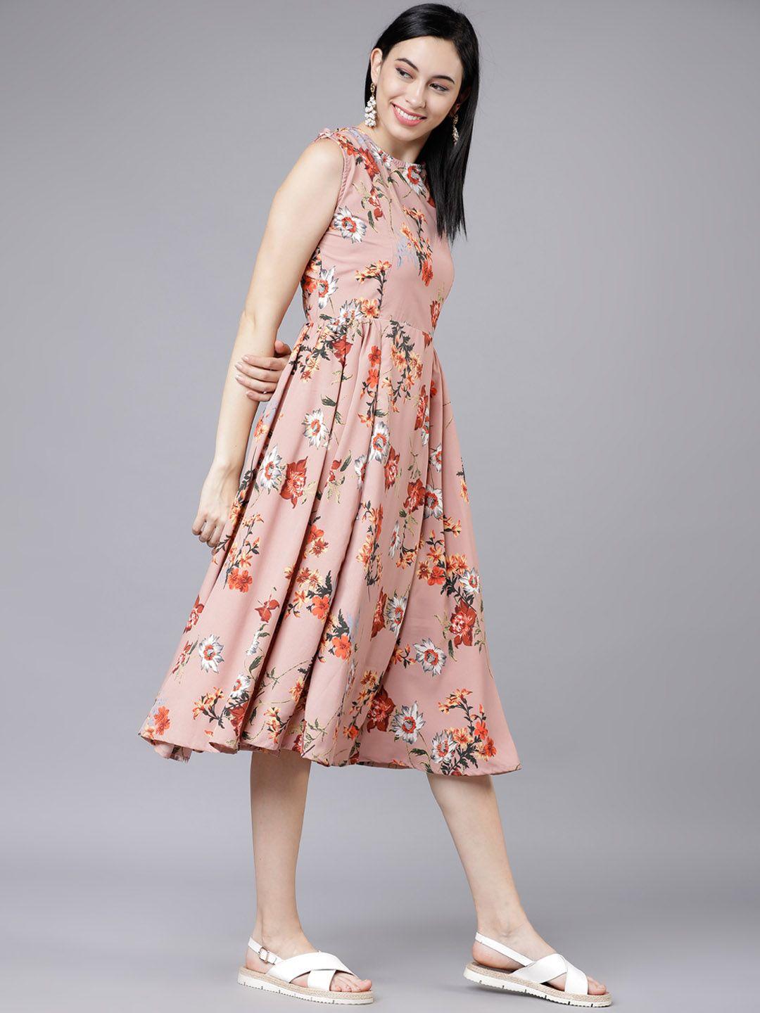 tokyo talkies women pink floral printed fit and flare dress