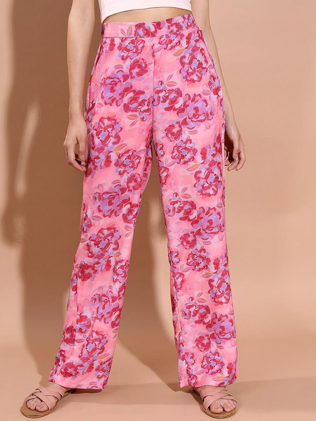 tokyo talkies women pink floral printed straight fit parallel trousers