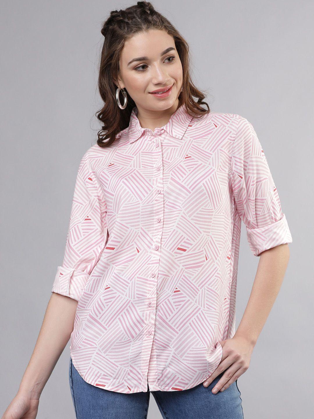 tokyo talkies women pink regular fit printed casual shirt