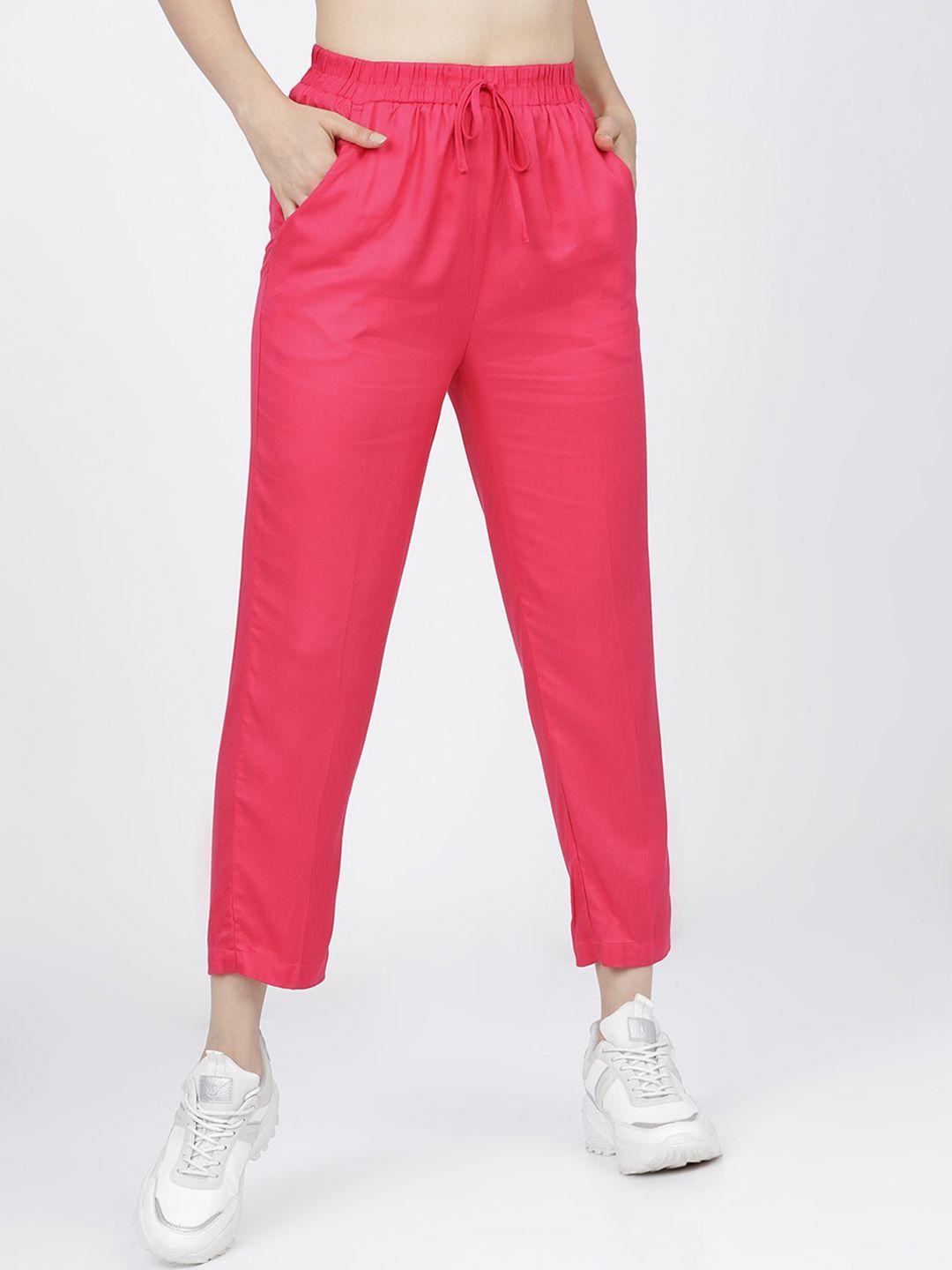 tokyo talkies women pink slim fit trousers