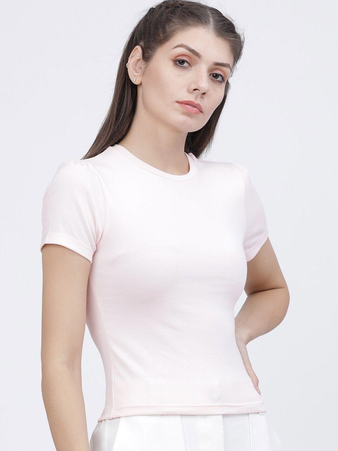 tokyo talkies women pink solid cotton t-shirt