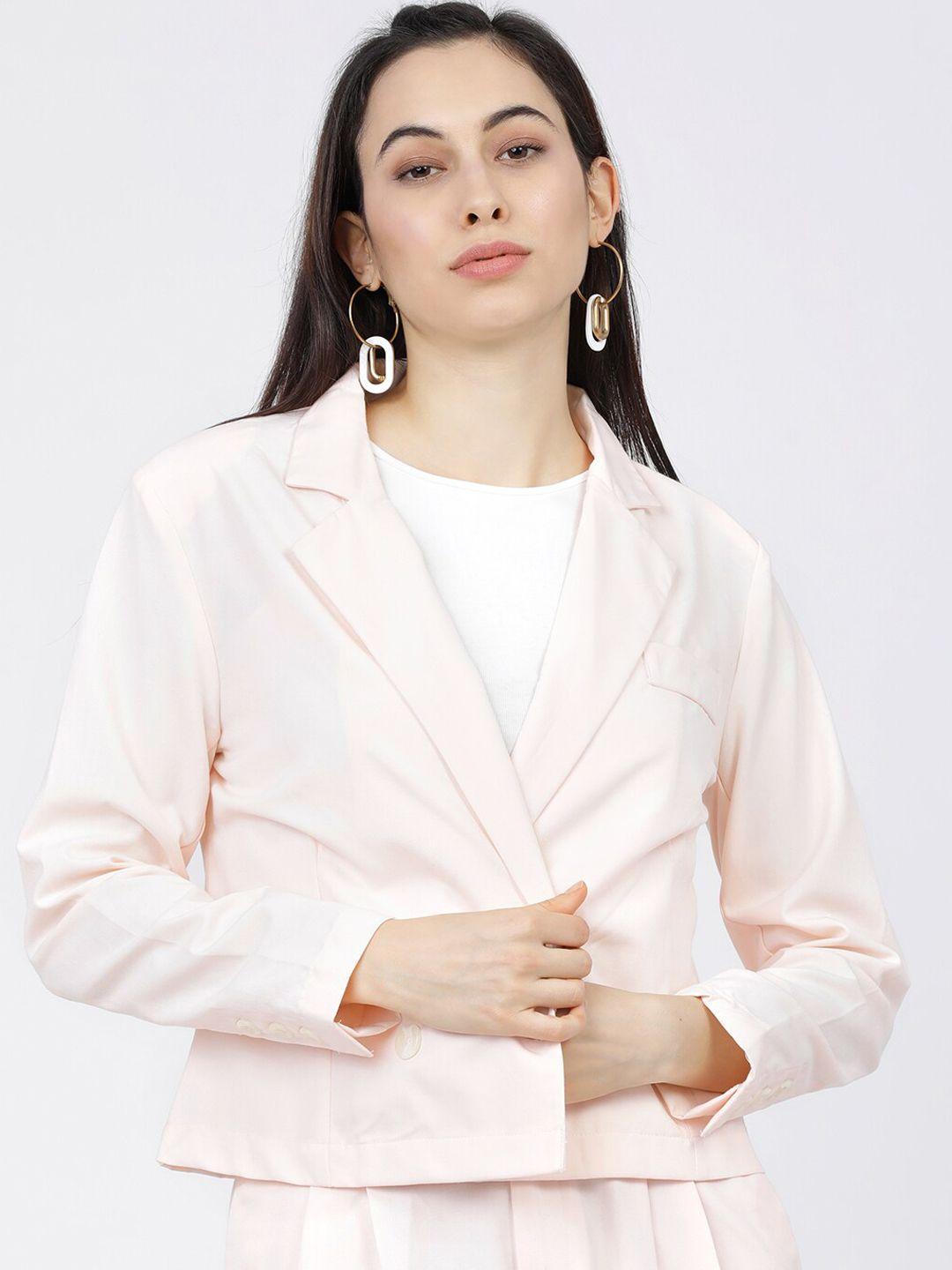 tokyo talkies women pink solid double-breasted casual-fit crop blazer