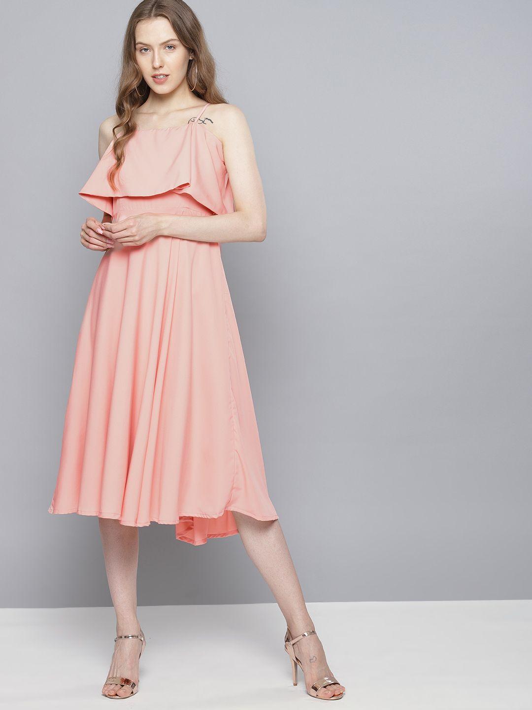tokyo talkies women pink solid fit and flare dress