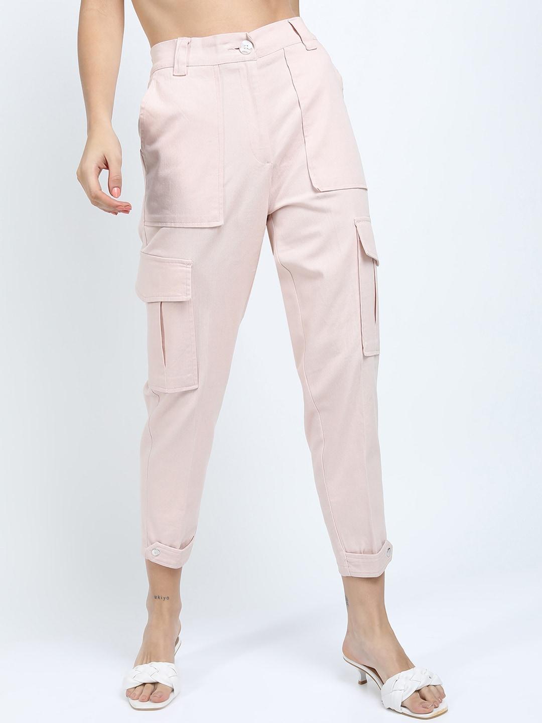 tokyo talkies women pink tapered fit cargos trousers