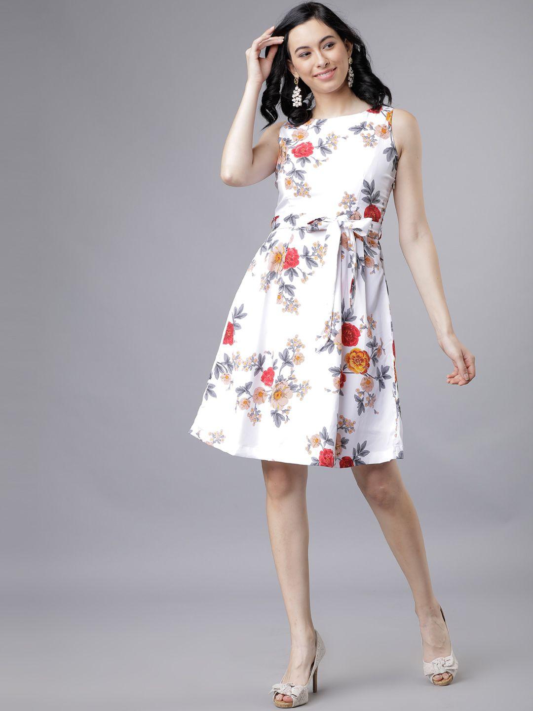 tokyo talkies women printed off-white fit and flare dress