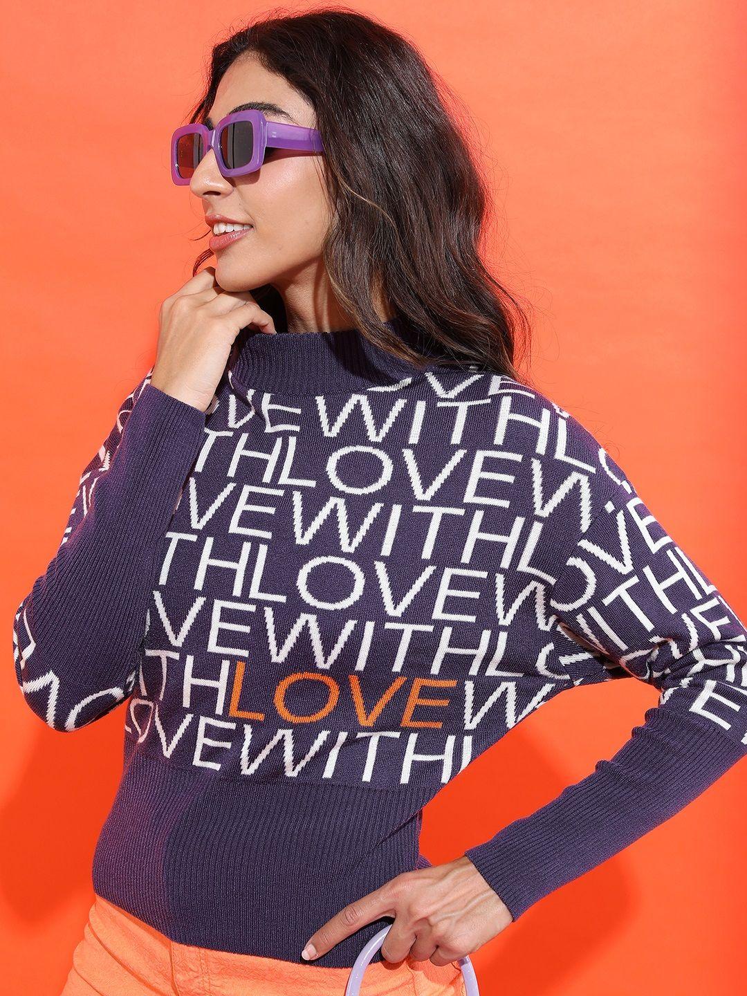 tokyo talkies women purple and white typography printed high neck acrylic pullover sweater