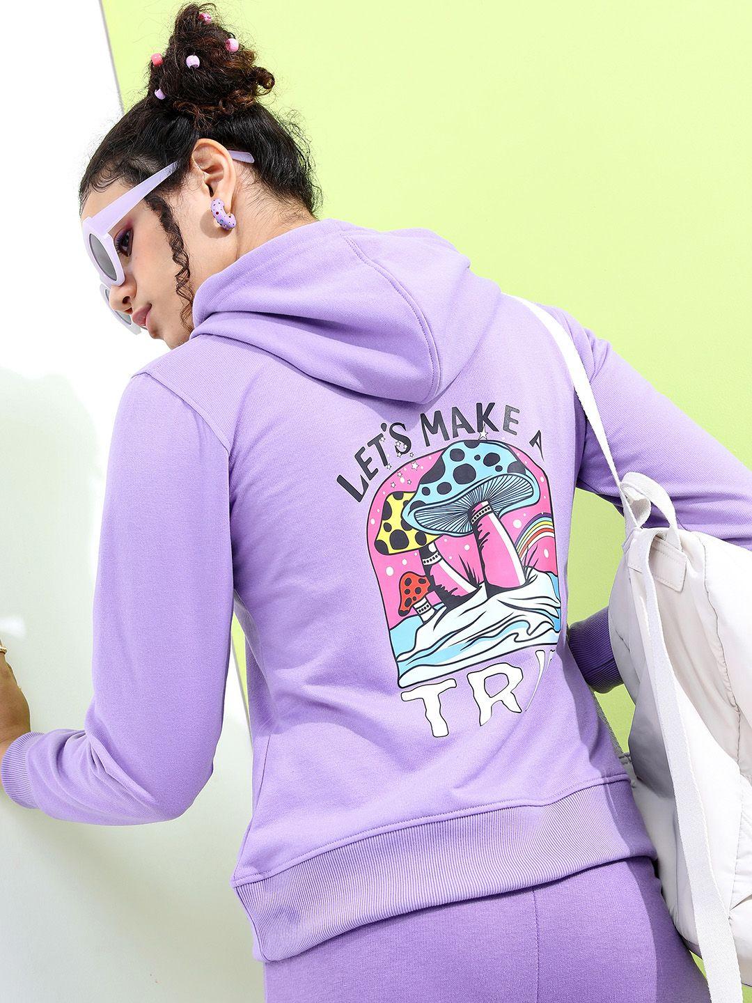 tokyo talkies women purple printed hooded sweatshirt