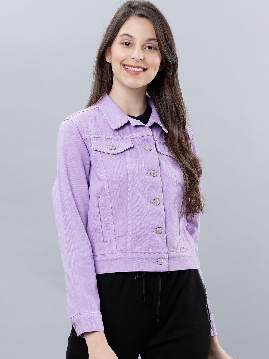 tokyo talkies women purple solid denim jacket