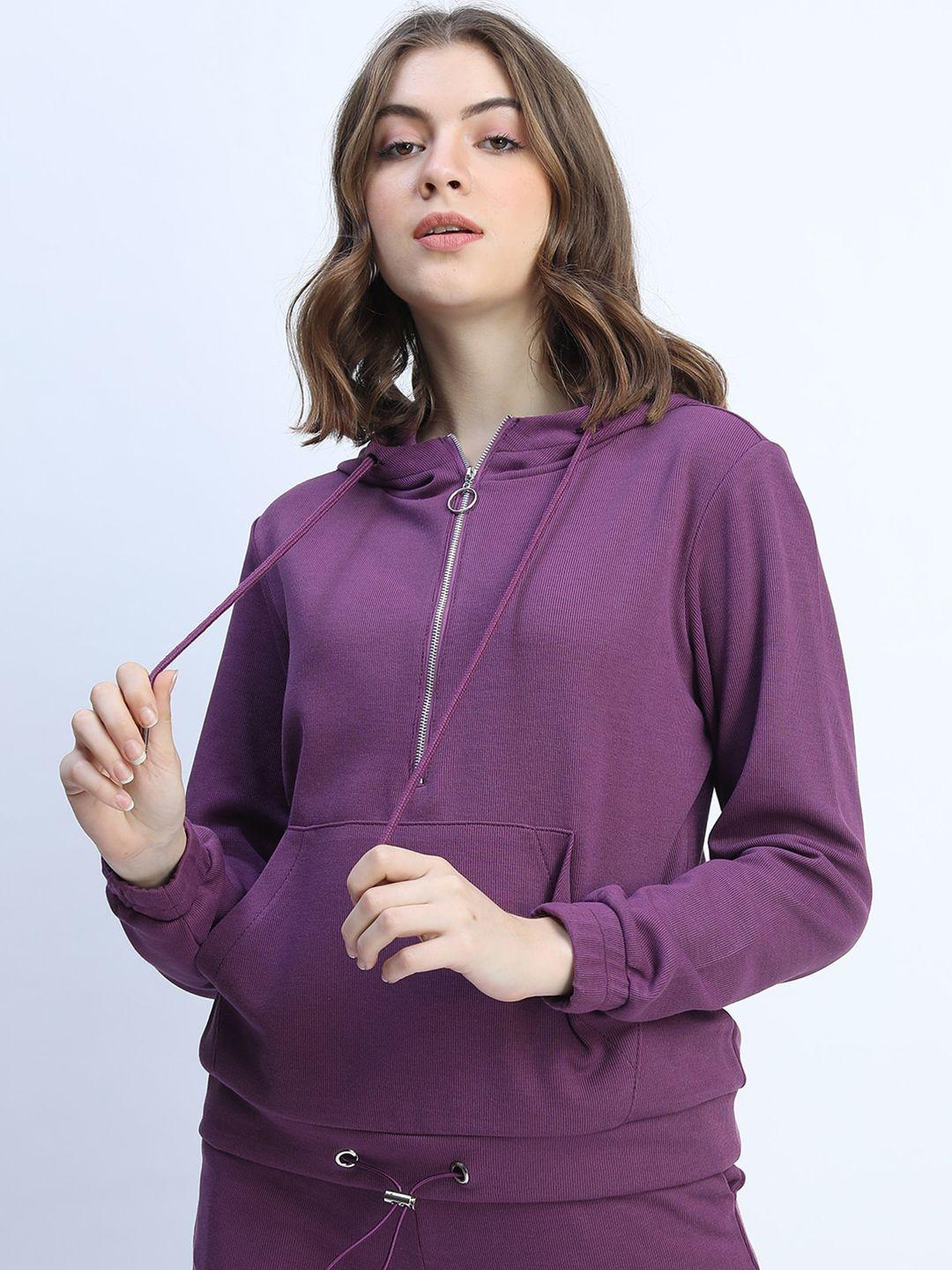 tokyo talkies women purple solid half zip hooded sweatshirt