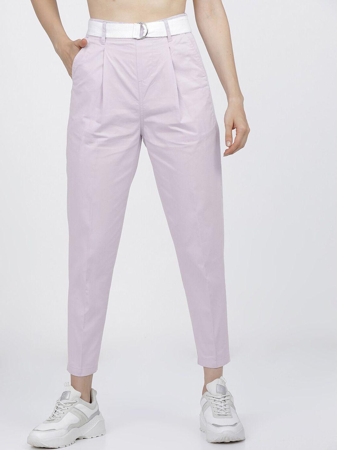 tokyo talkies women purple straight fit pleated trousers