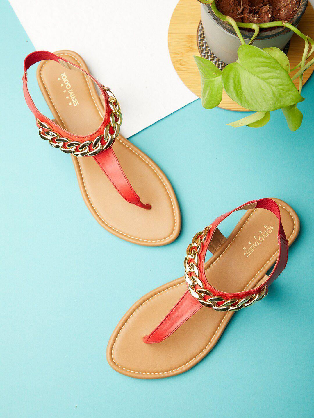 tokyo talkies women red & beige open toe t-strap flats