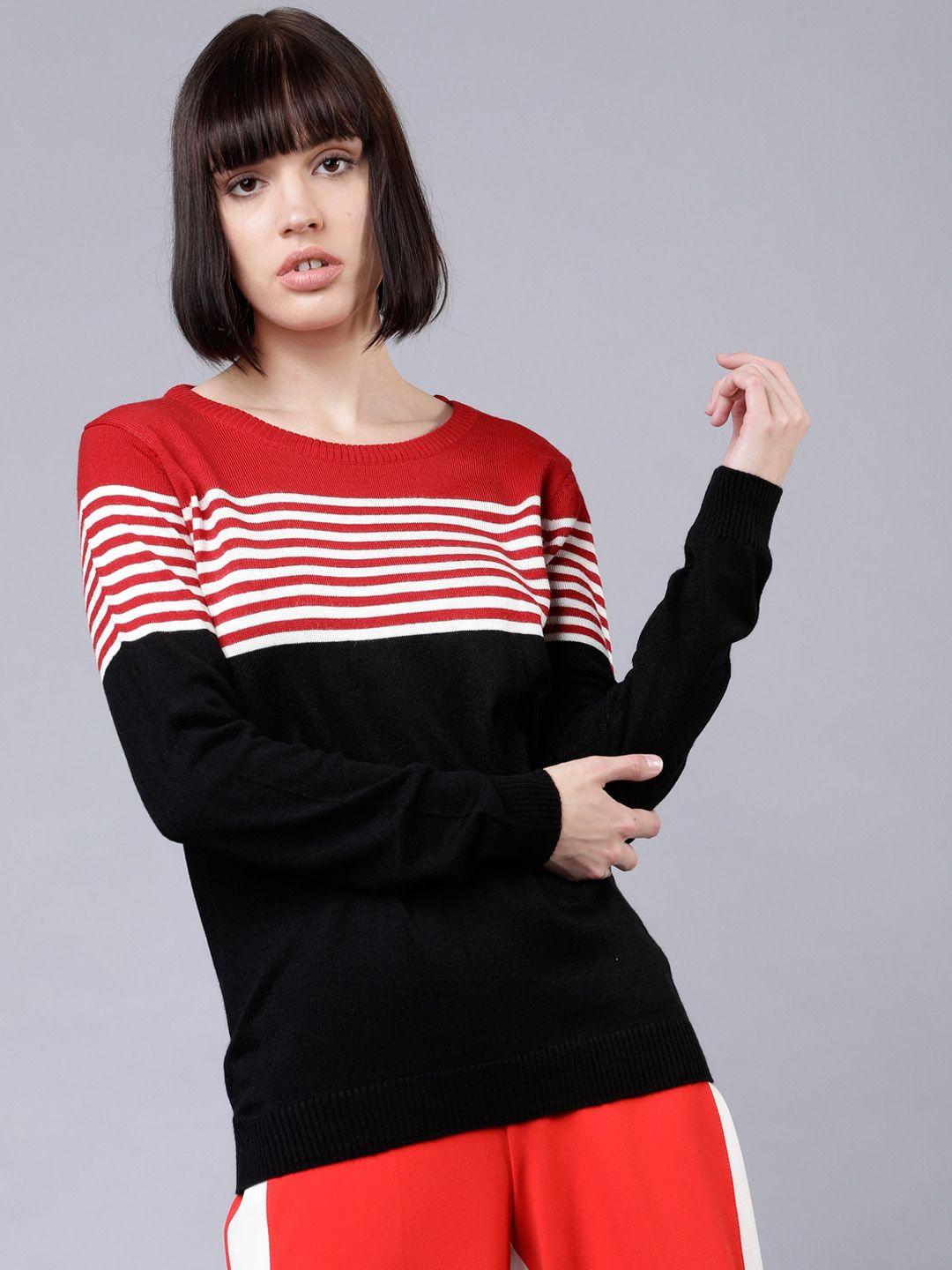 tokyo talkies women red & black colourblocked sweater