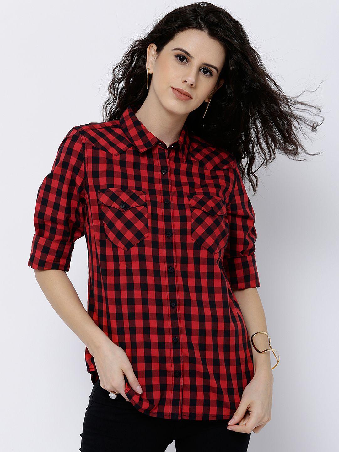 tokyo talkies women red & black comfort regualr fit checked casual shirt