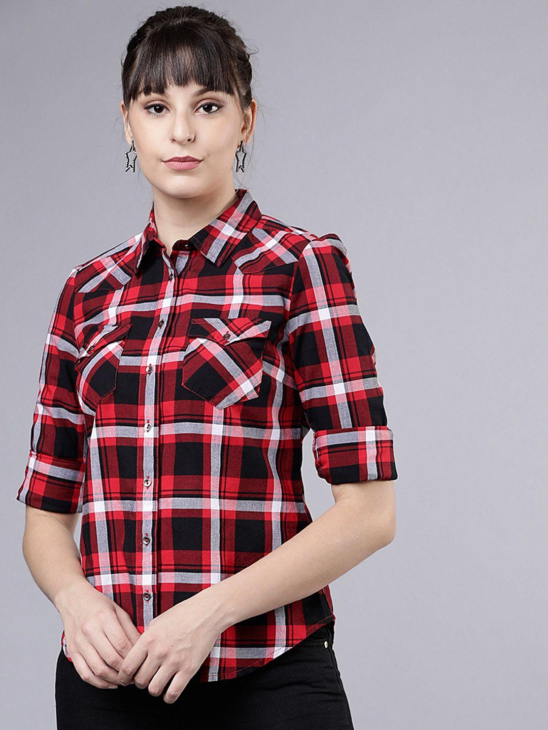 tokyo talkies women red & black regular fit checked casual shirt