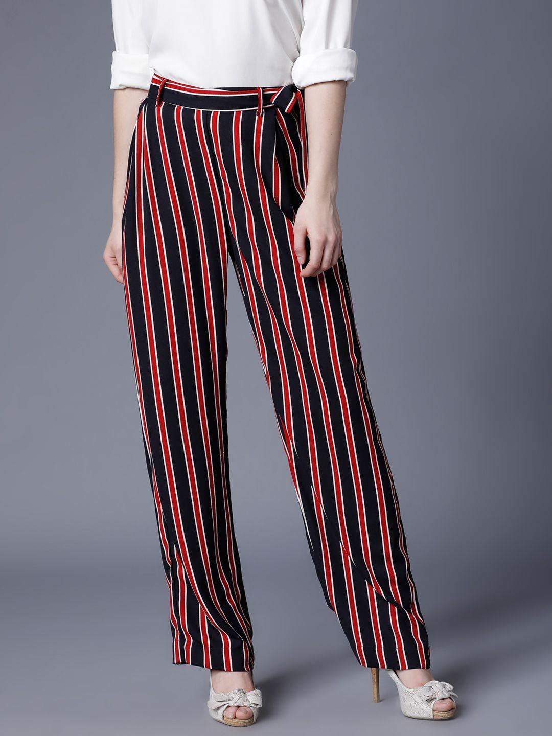 tokyo talkies women red & black straight fit striped peg trousers