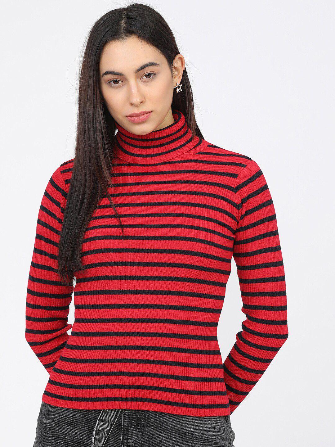 tokyo talkies women red & navy blue turtle neck acrylic pullover sweater