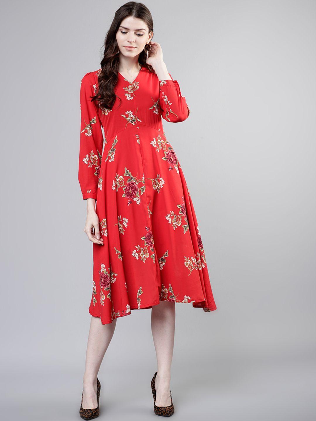 tokyo talkies women red floral print fit and flare dress