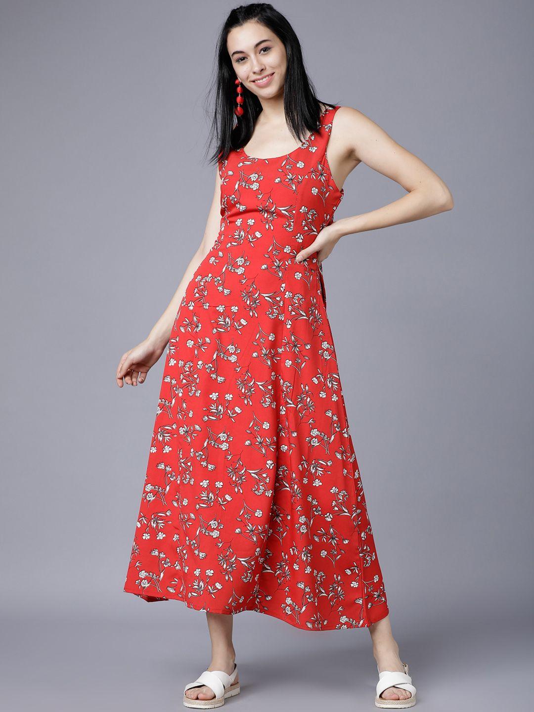 tokyo talkies women red printed fit and flare dress