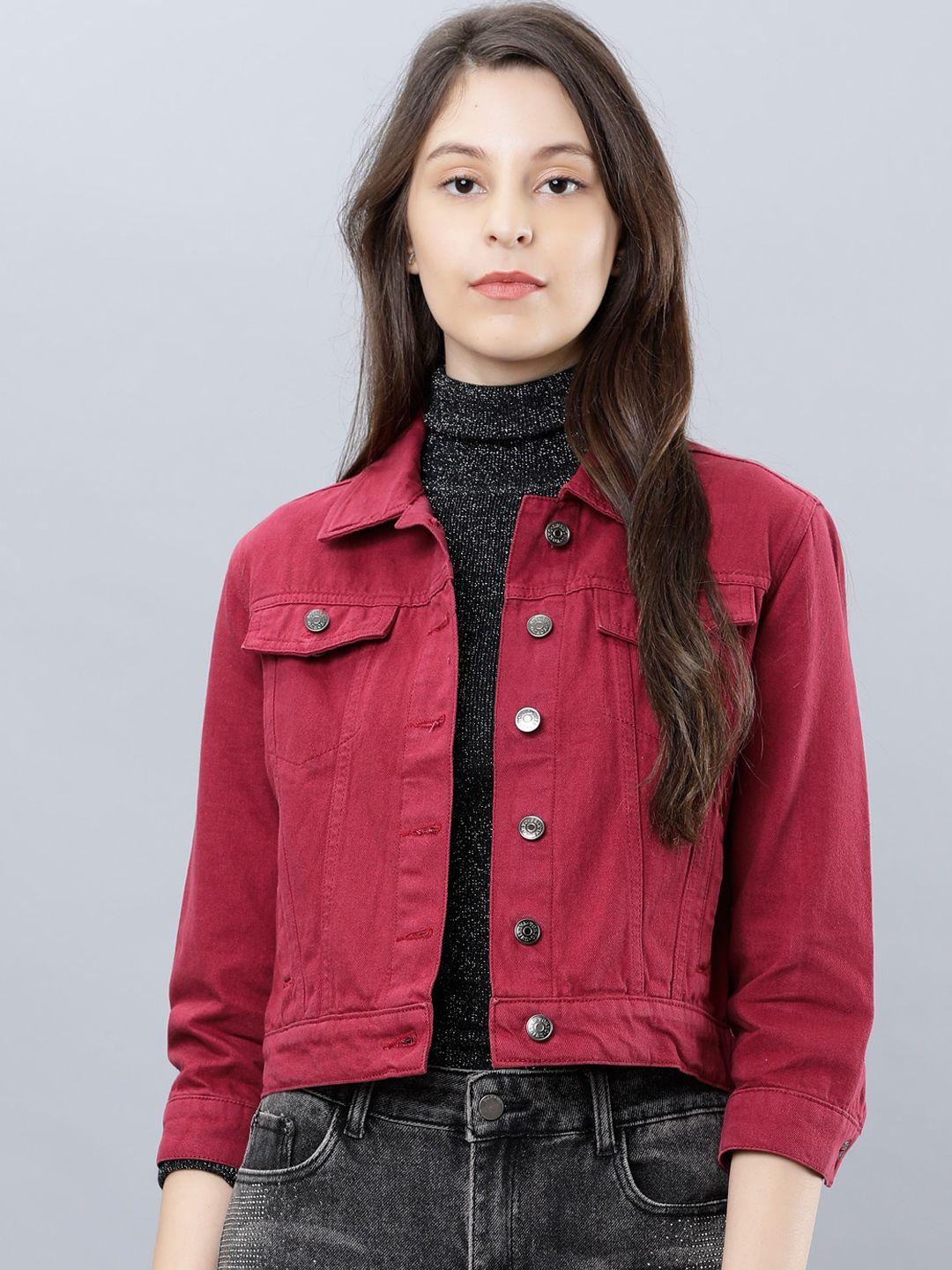 tokyo talkies women red solid denim jacket