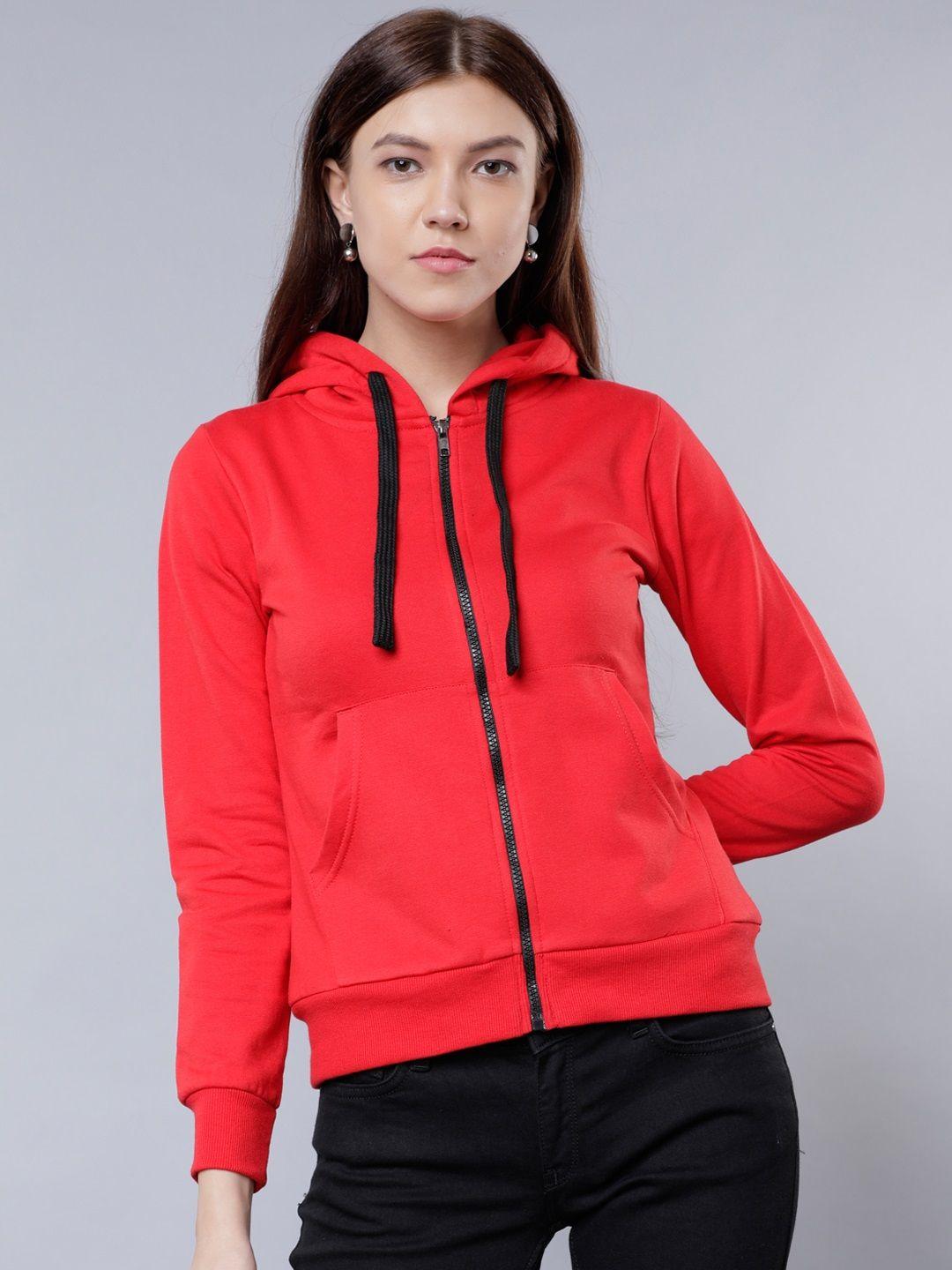 tokyo talkies women red solid hooded sweatshirt