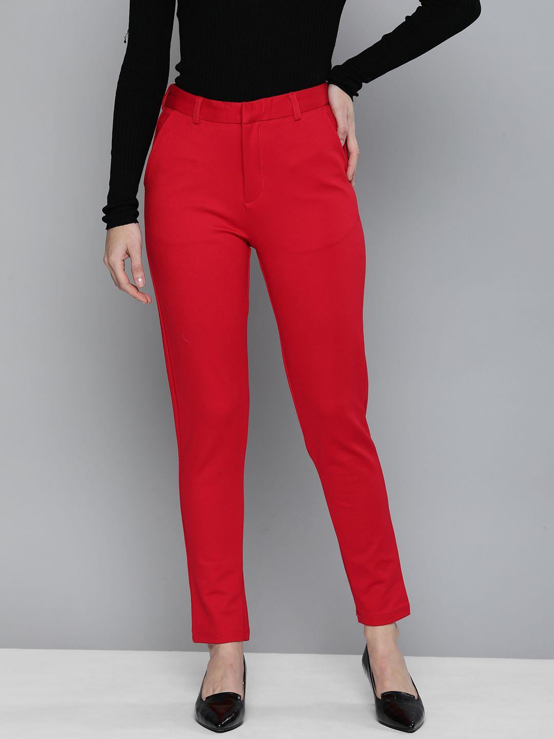 tokyo talkies women red solid slim fit trousers