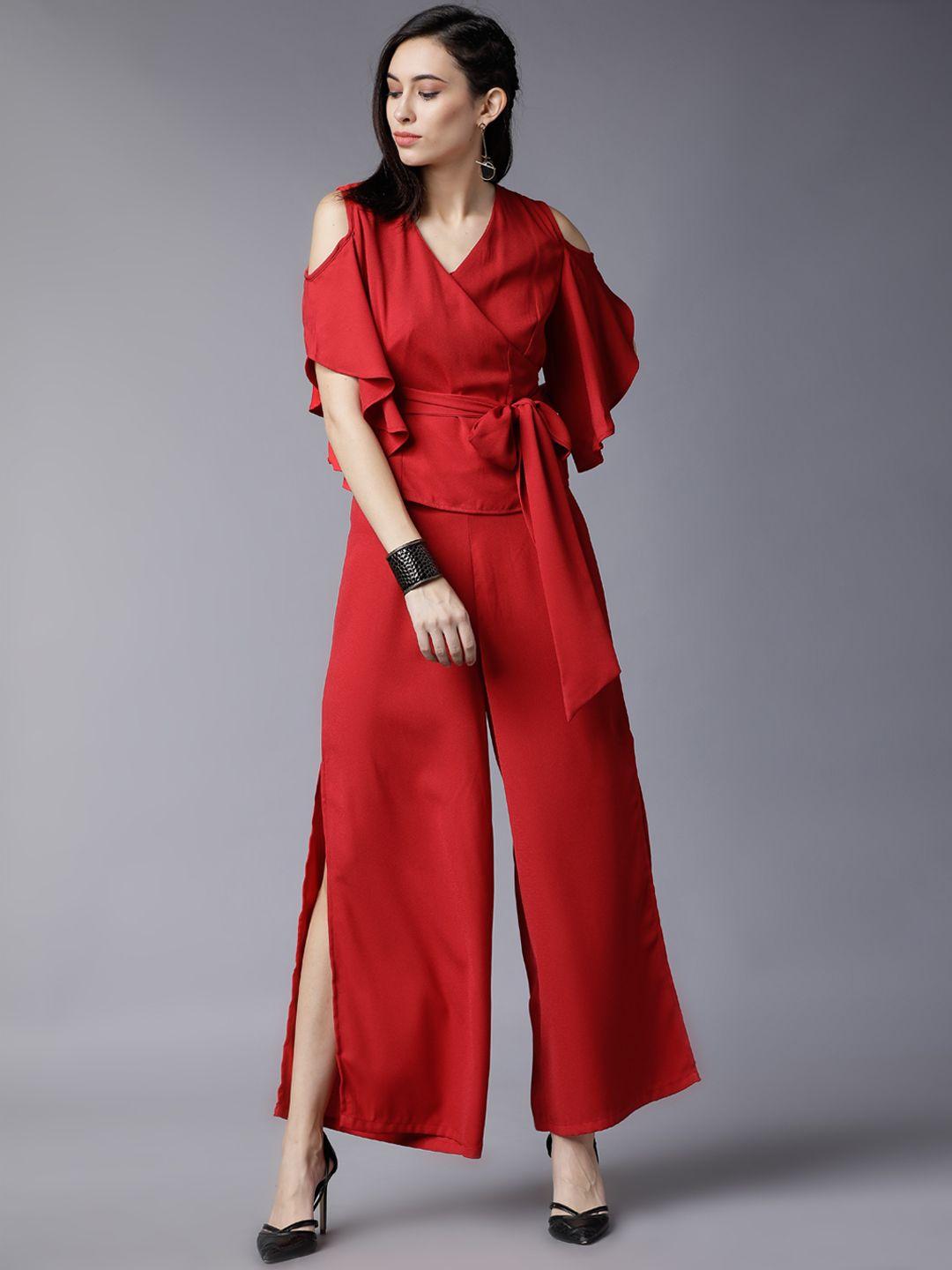 tokyo talkies women red solid top with trousers