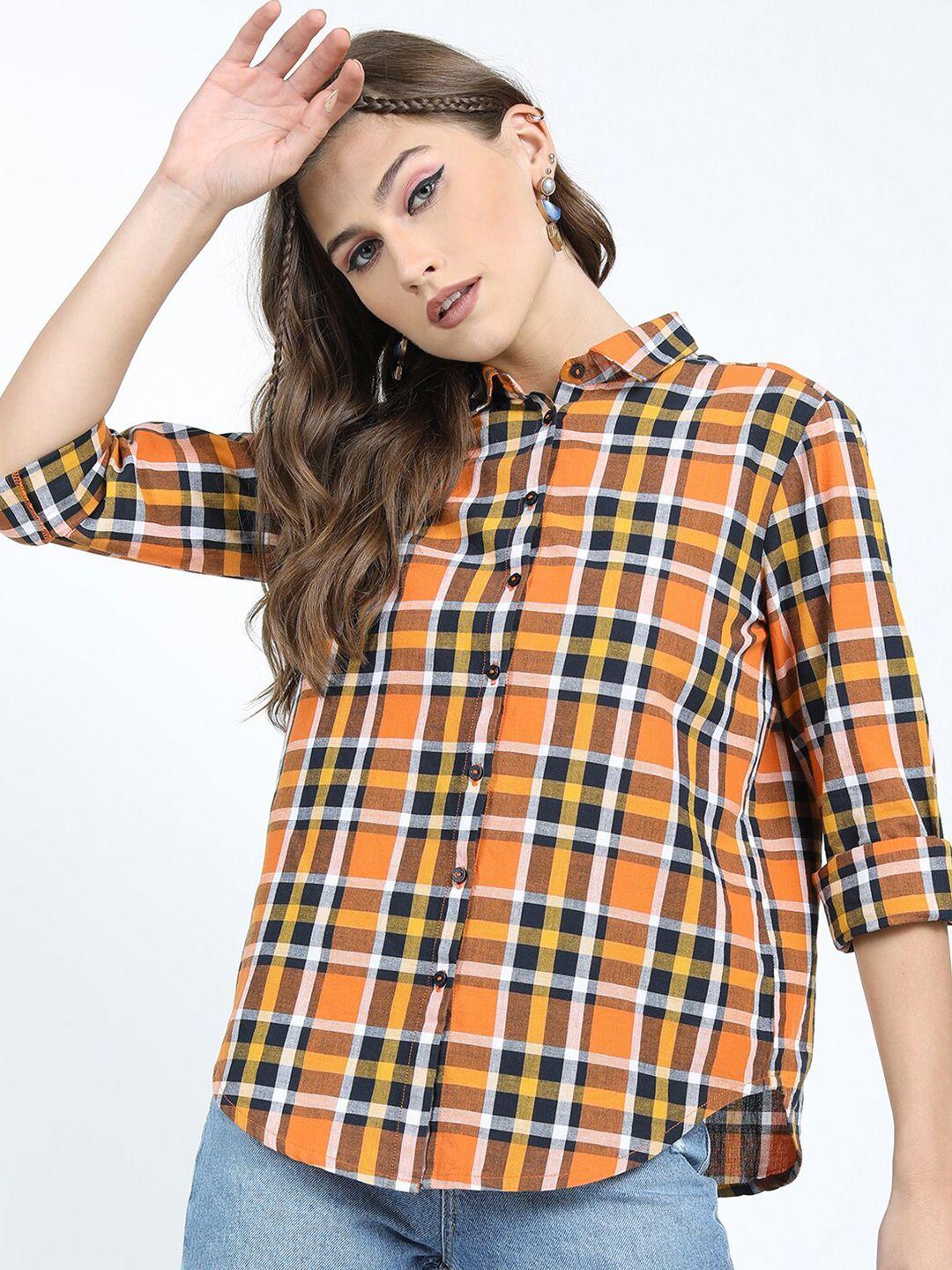 tokyo talkies women rust & black tartan checked cotton casual shirt