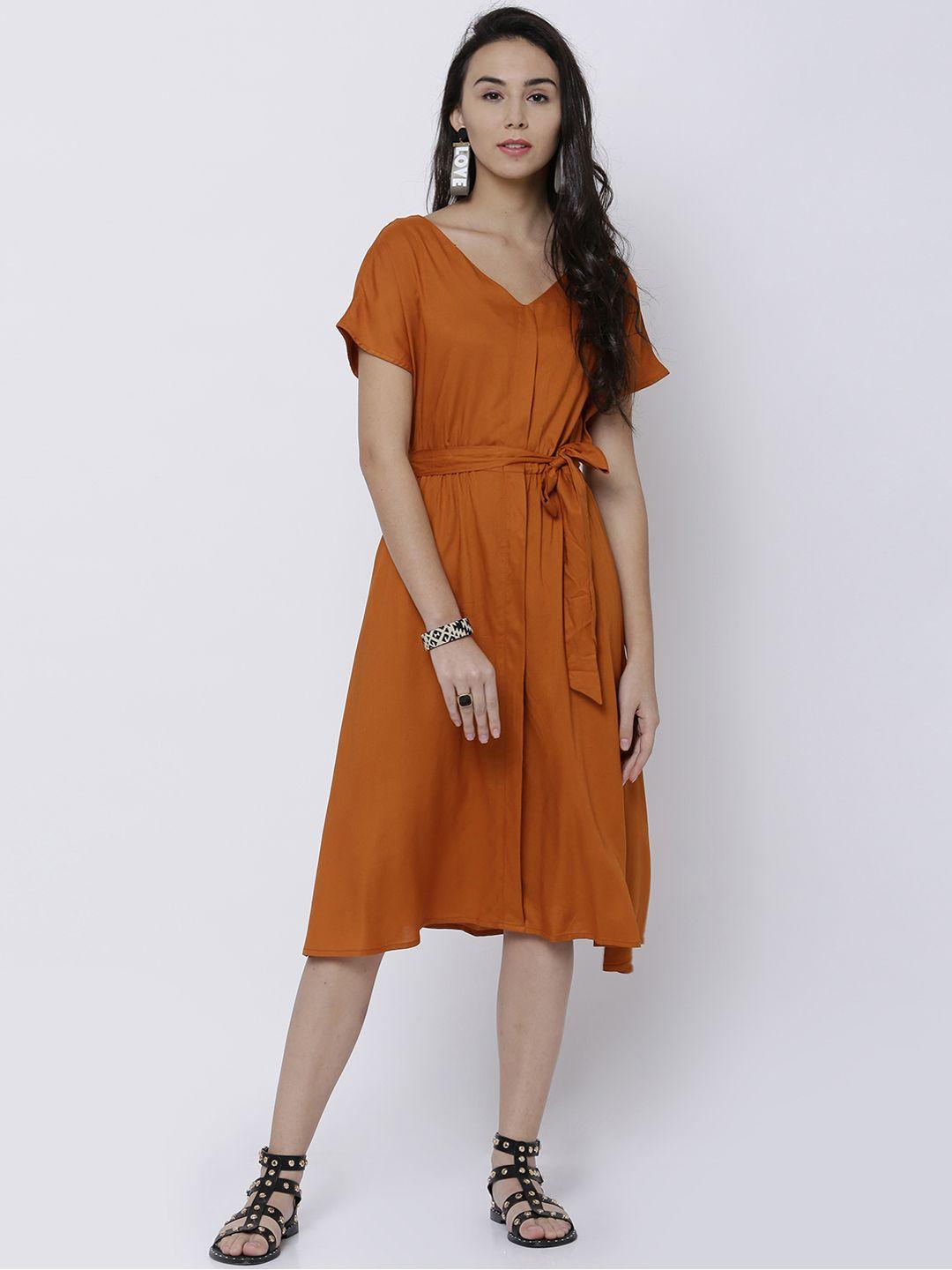 tokyo talkies women rust orange solid a-line dress