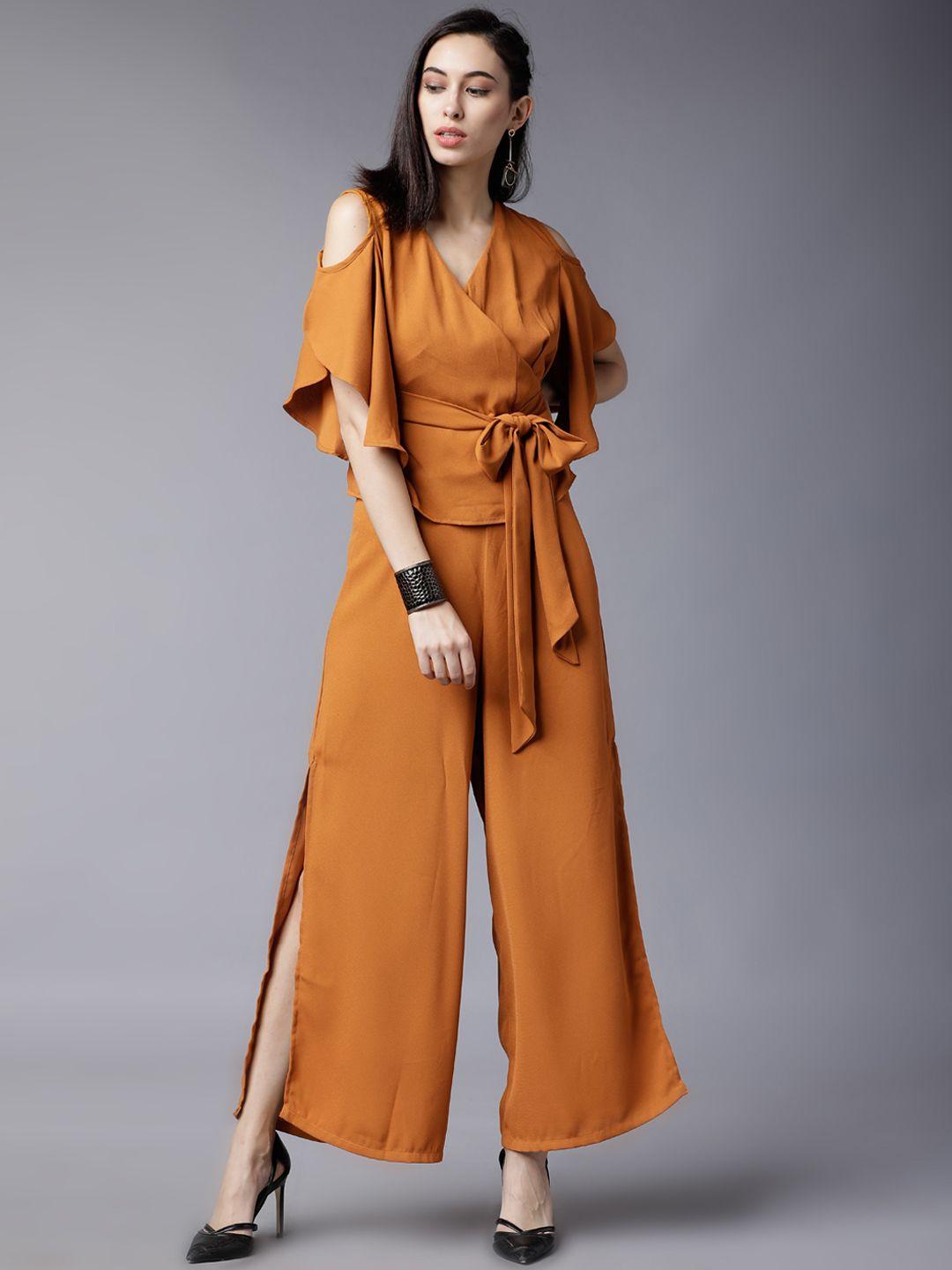 tokyo talkies women rust orange solid top with trousers