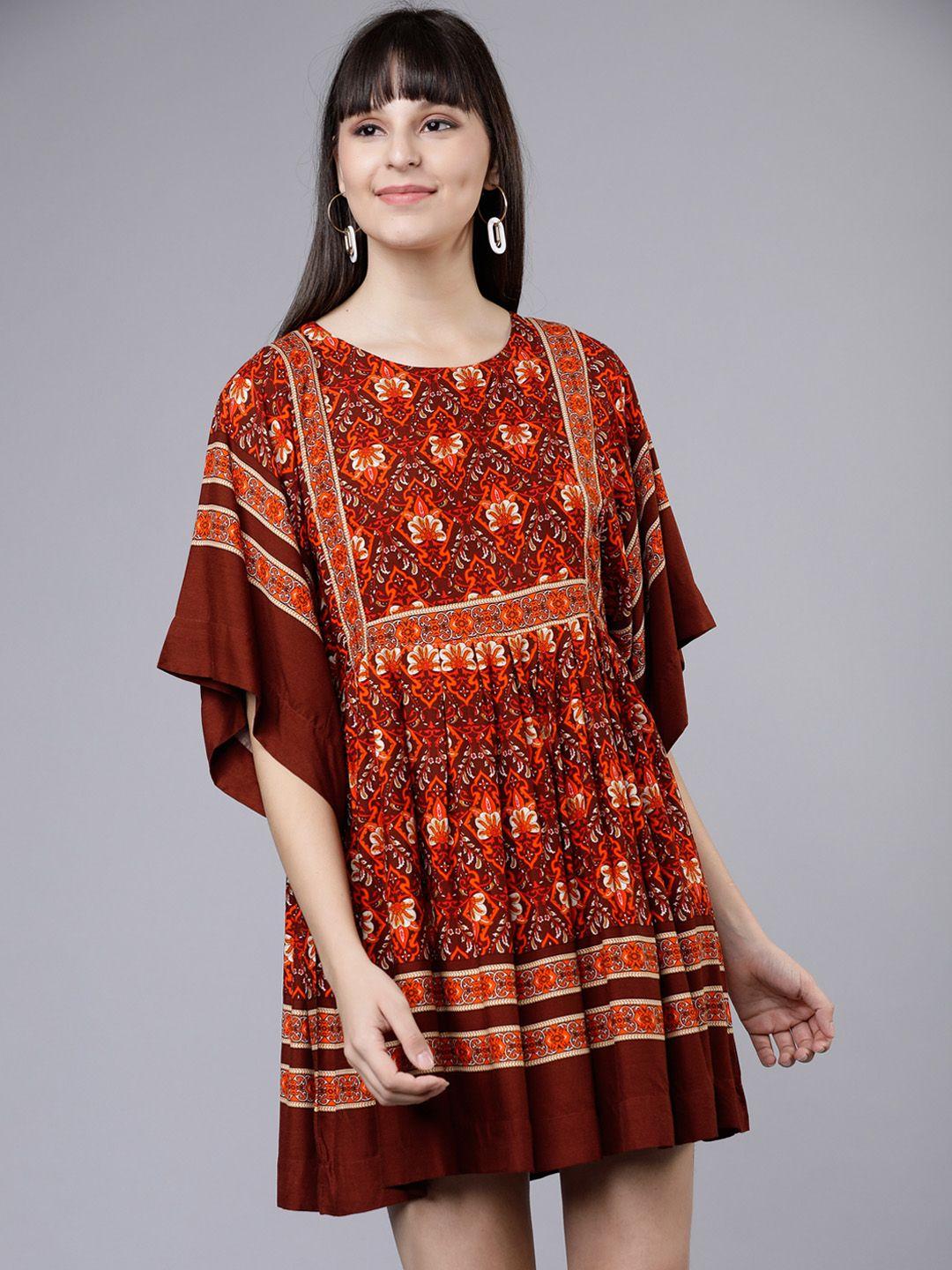 tokyo talkies women rust red & orange printed a-line dress