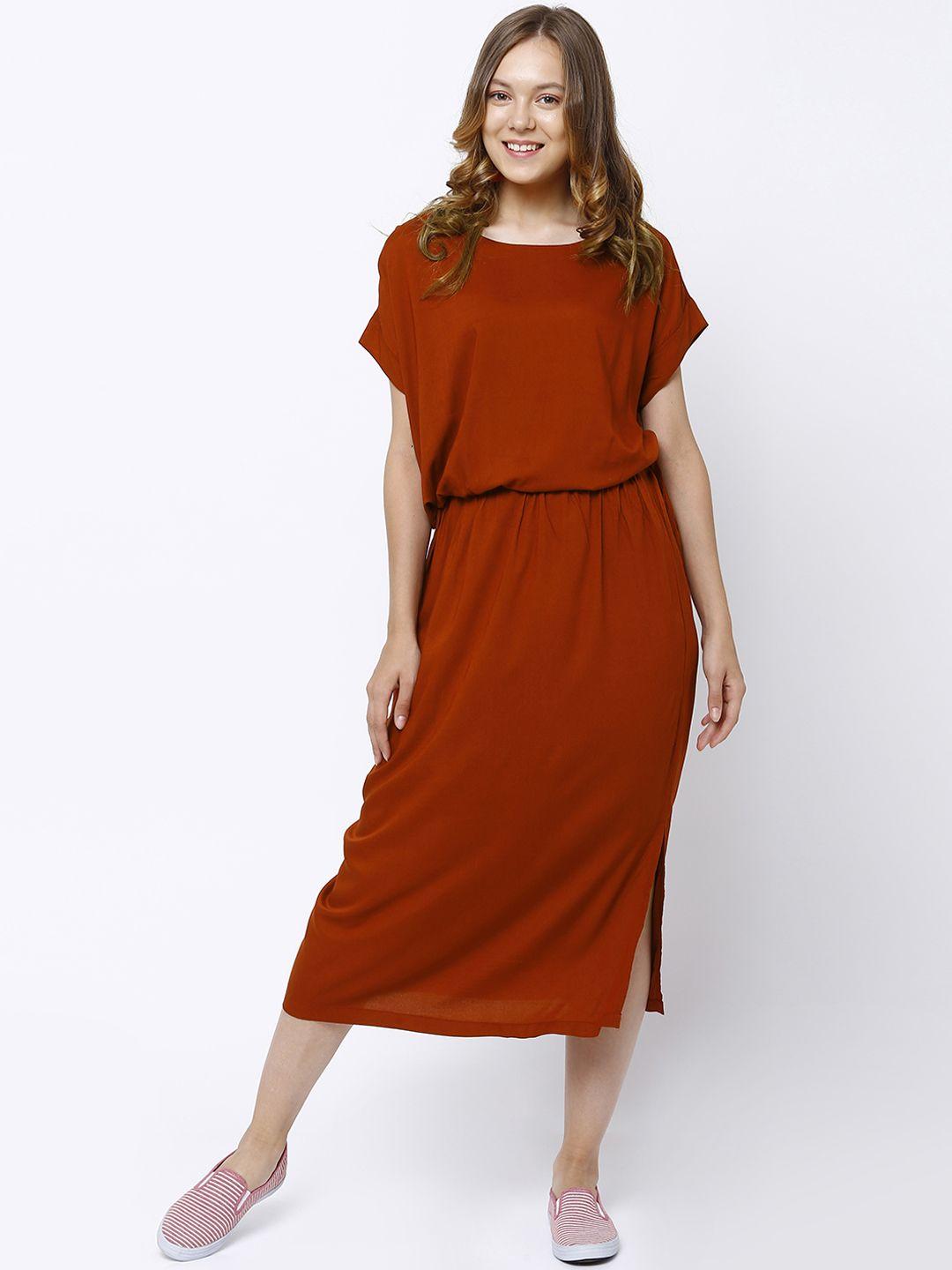 tokyo talkies women rust red solid blouson dress