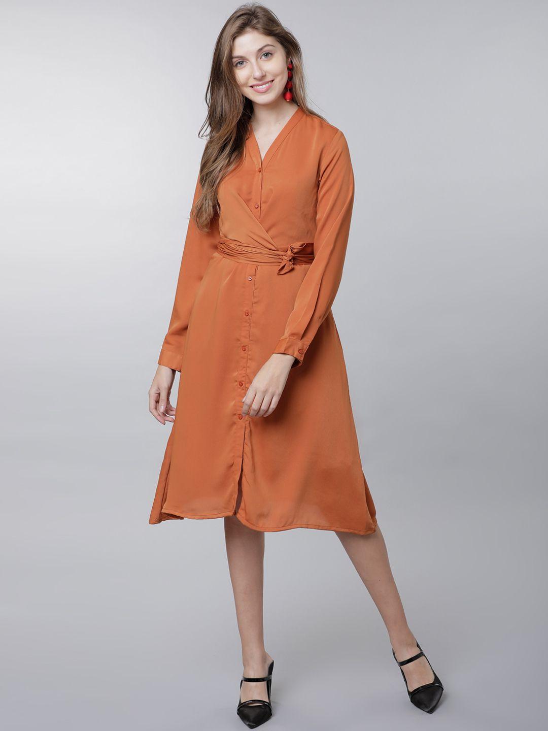 tokyo talkies women rust solid a-line dress with belt