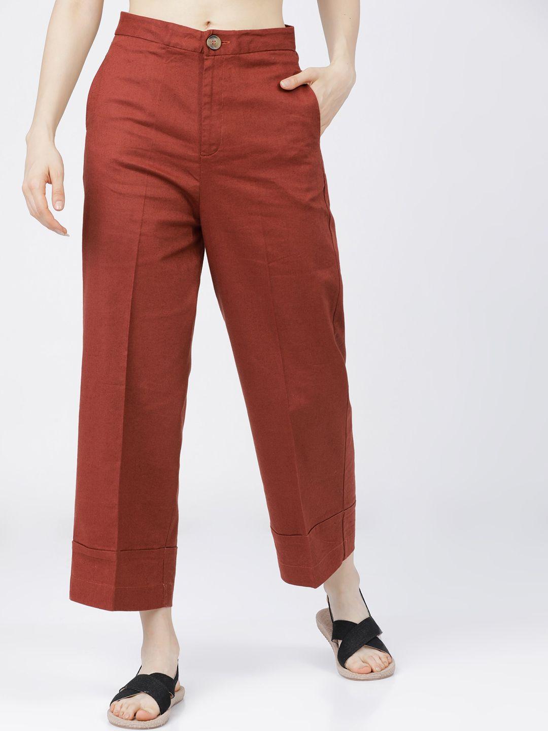tokyo talkies women rust straight fit high-rise trousers