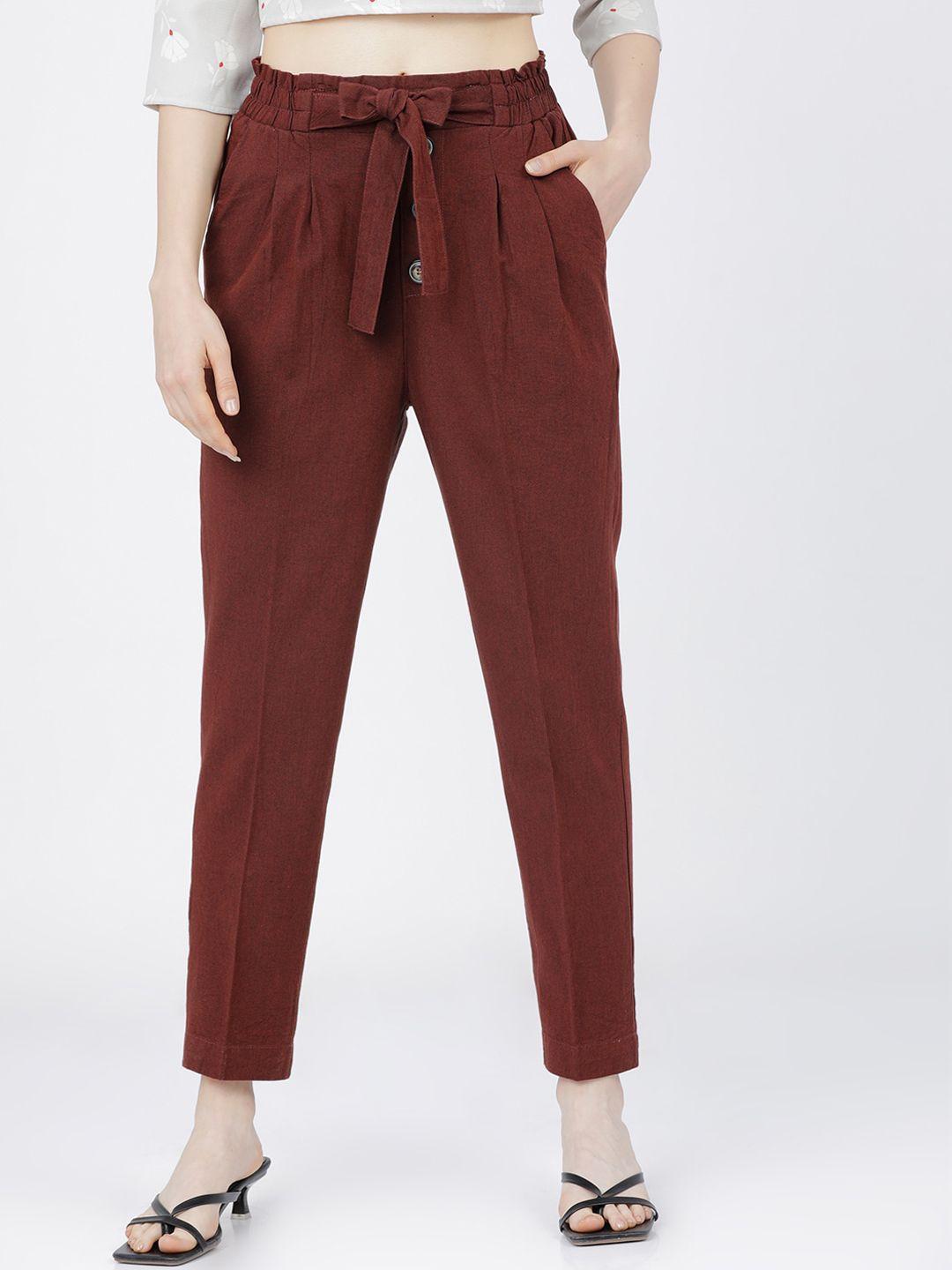 tokyo talkies women rust tapered fit high-rise pleated trousers