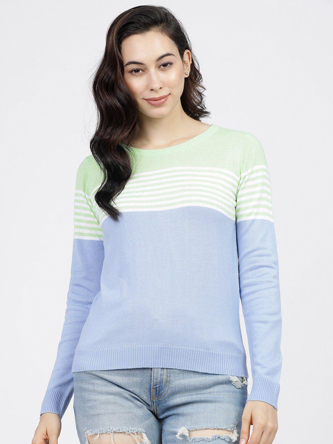 tokyo talkies women sea green & blue striped colourblocked pullover