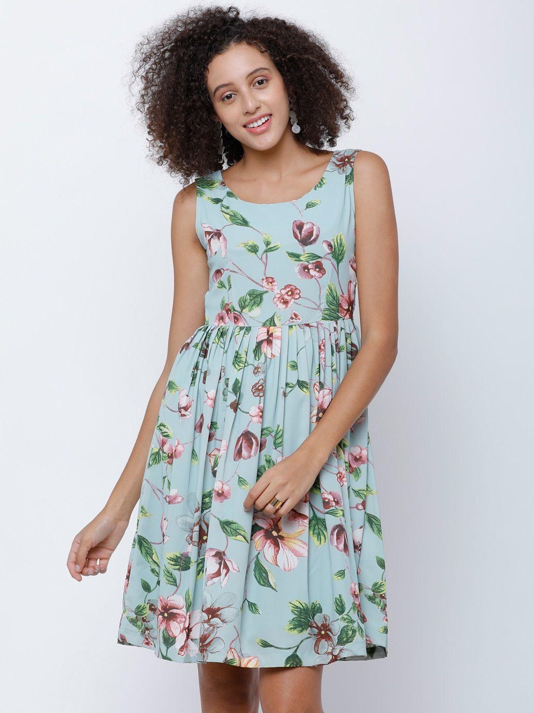 tokyo talkies women sea green printed fit and flare dress