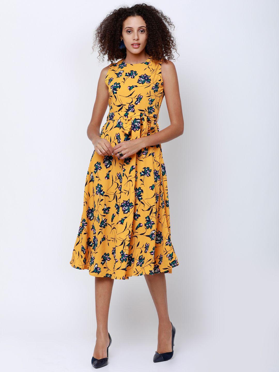 tokyo talkies women semi-fit yellow printed fit and flare dress