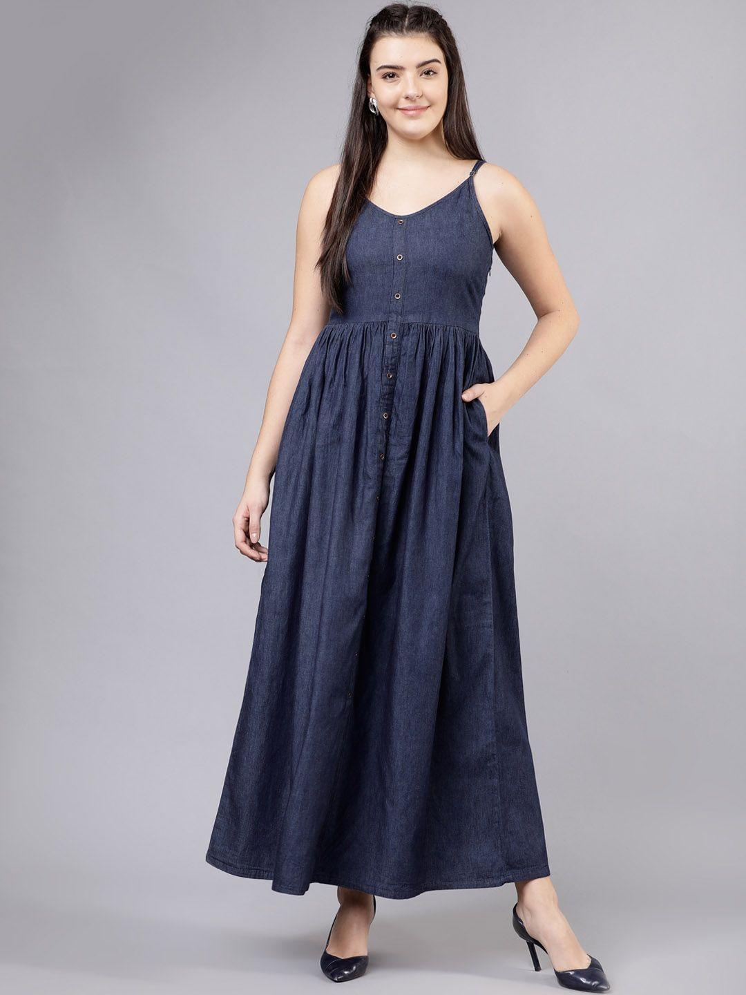 tokyo talkies women solid navy blue maxi dress