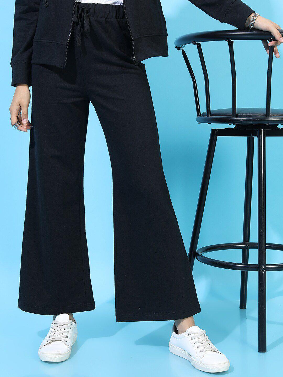tokyo talkies women stylish black solid bootcut track pants