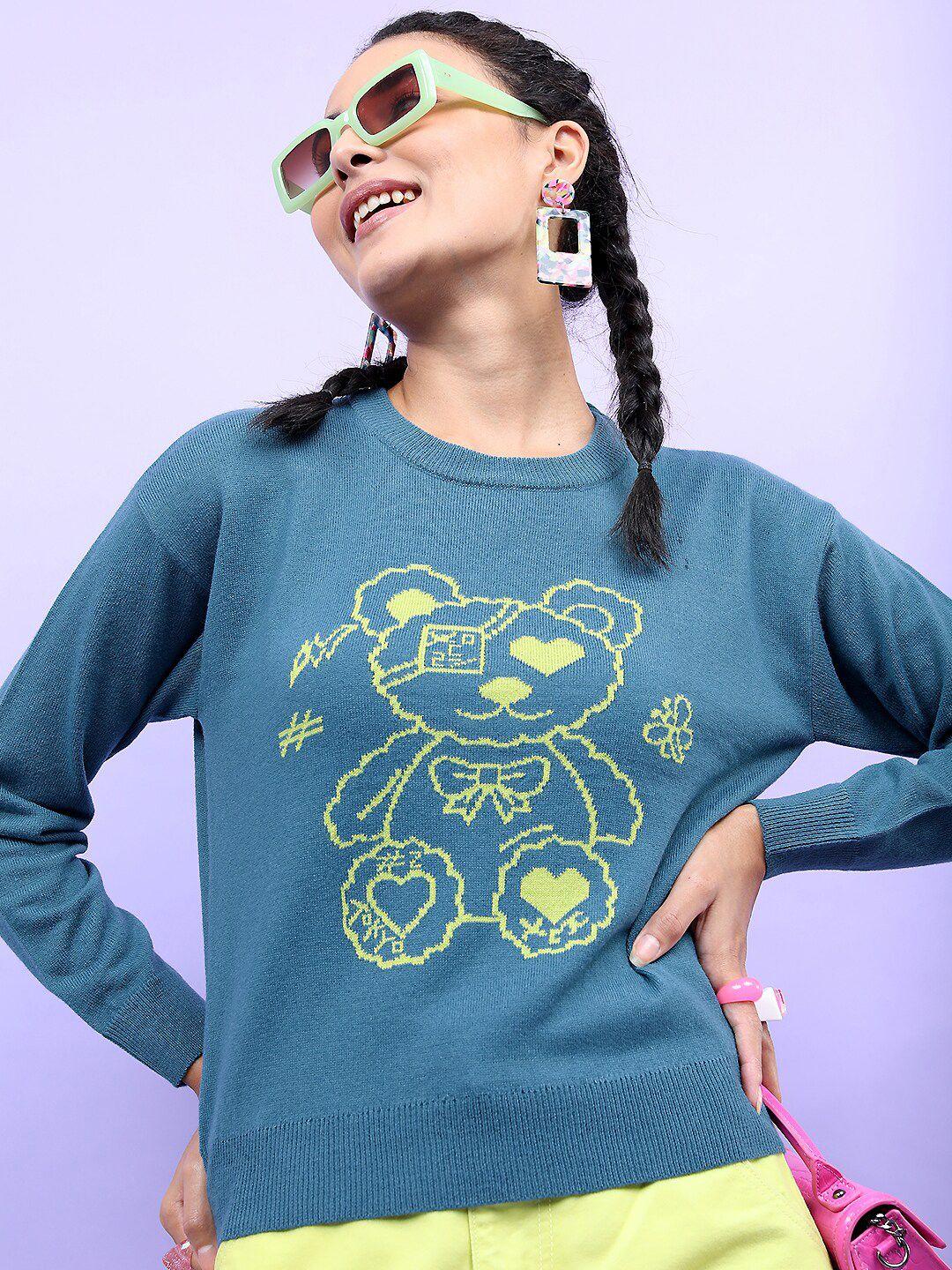 tokyo talkies women teal & yellow jacquard pullover sweater