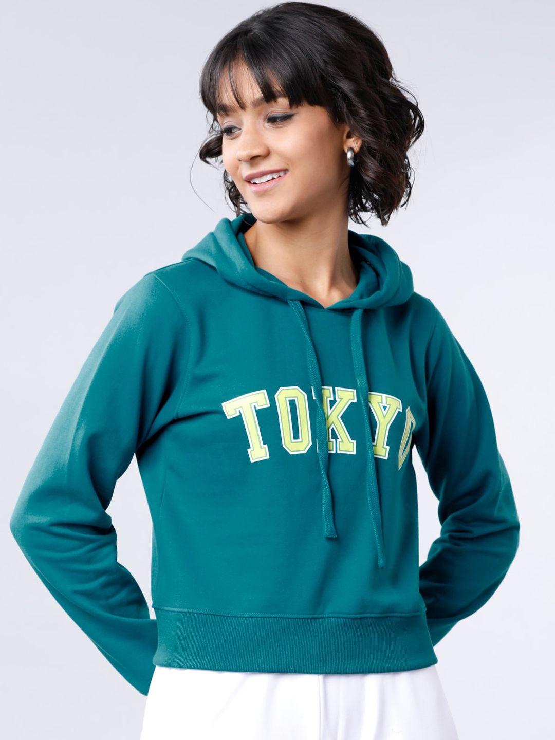 tokyo talkies women teal blue printed hooded sweatshirt