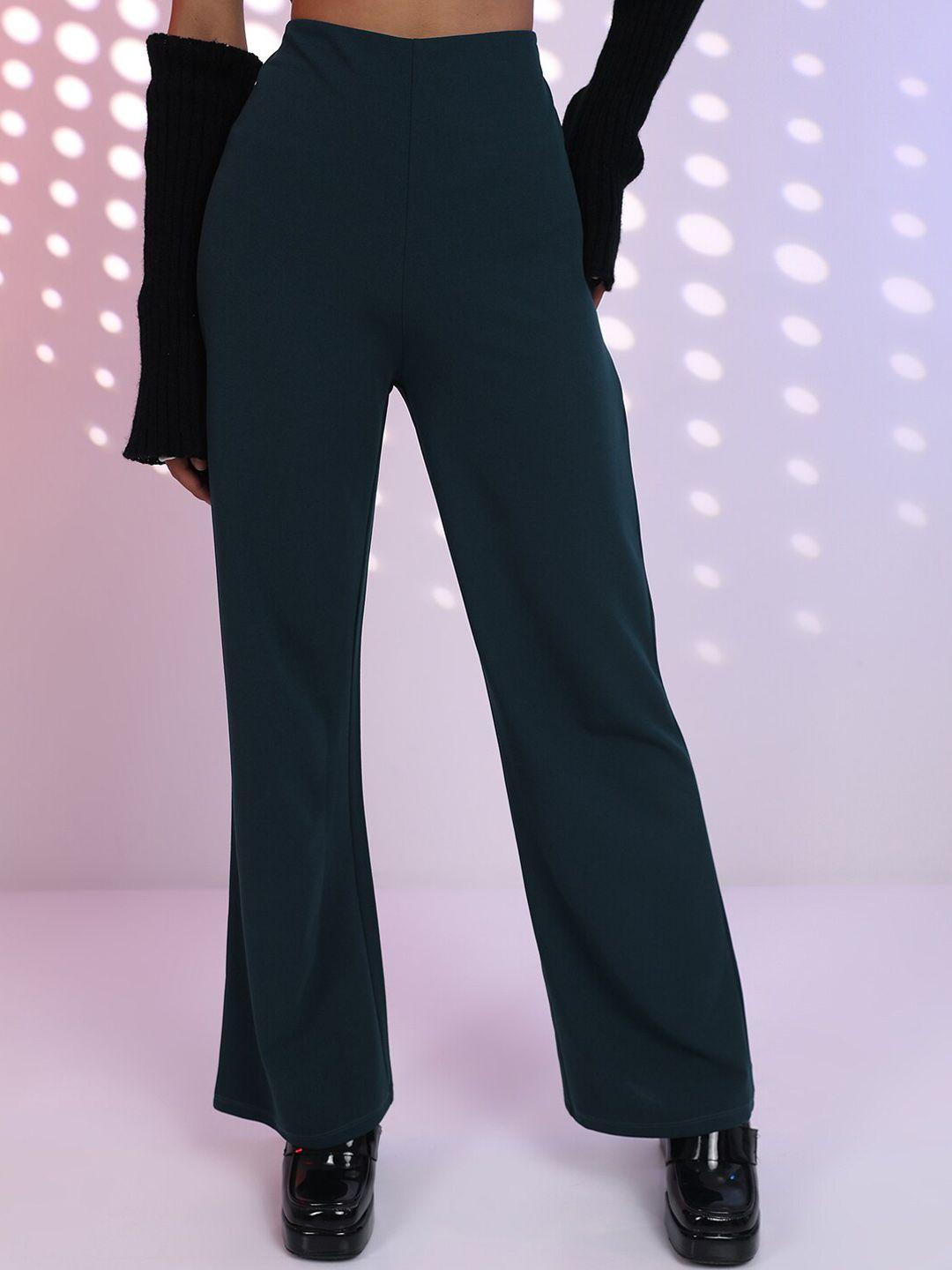 tokyo talkies women teal flared mid-rise parallel trousers