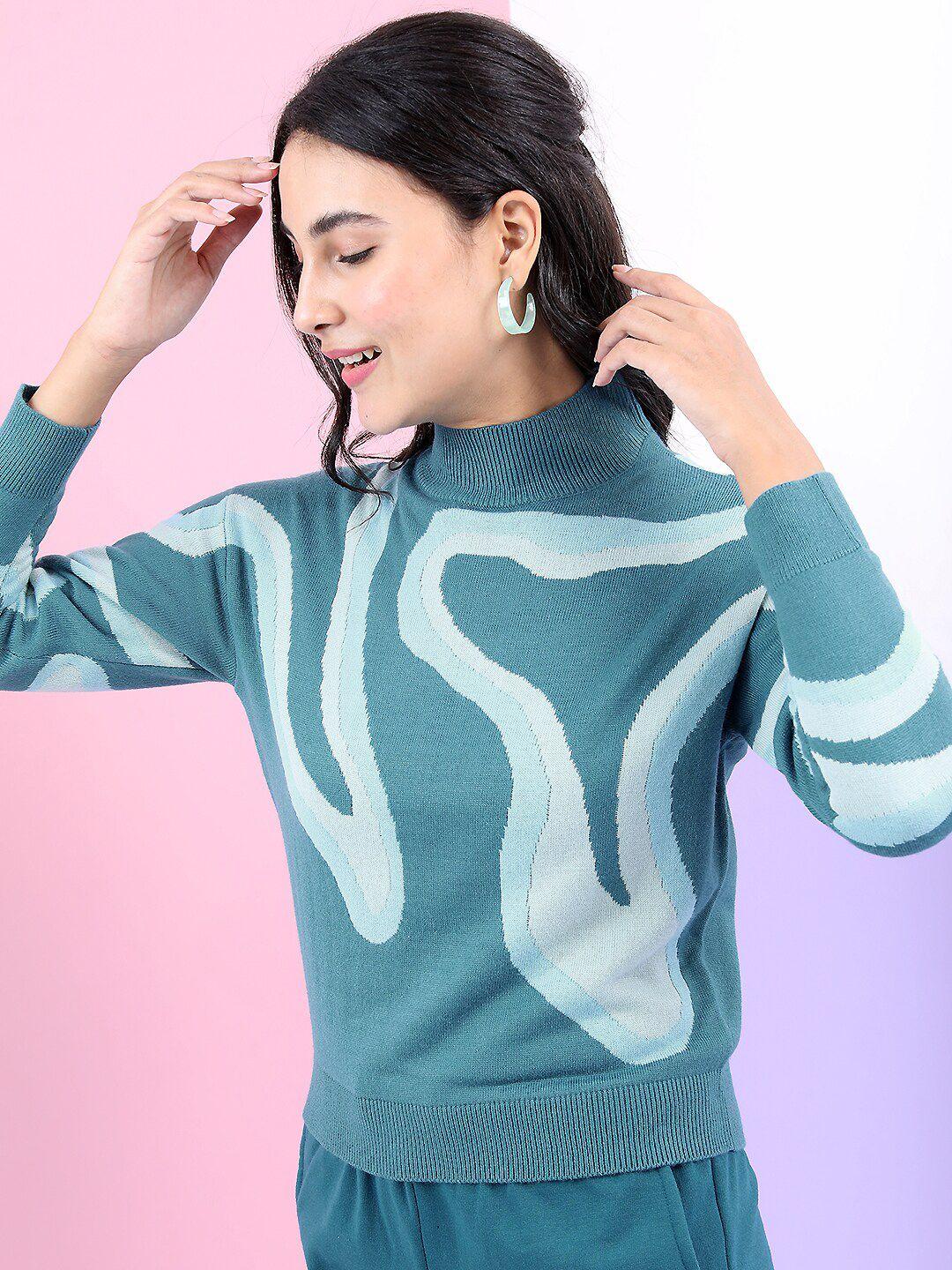 tokyo talkies women teal jacquard pullover