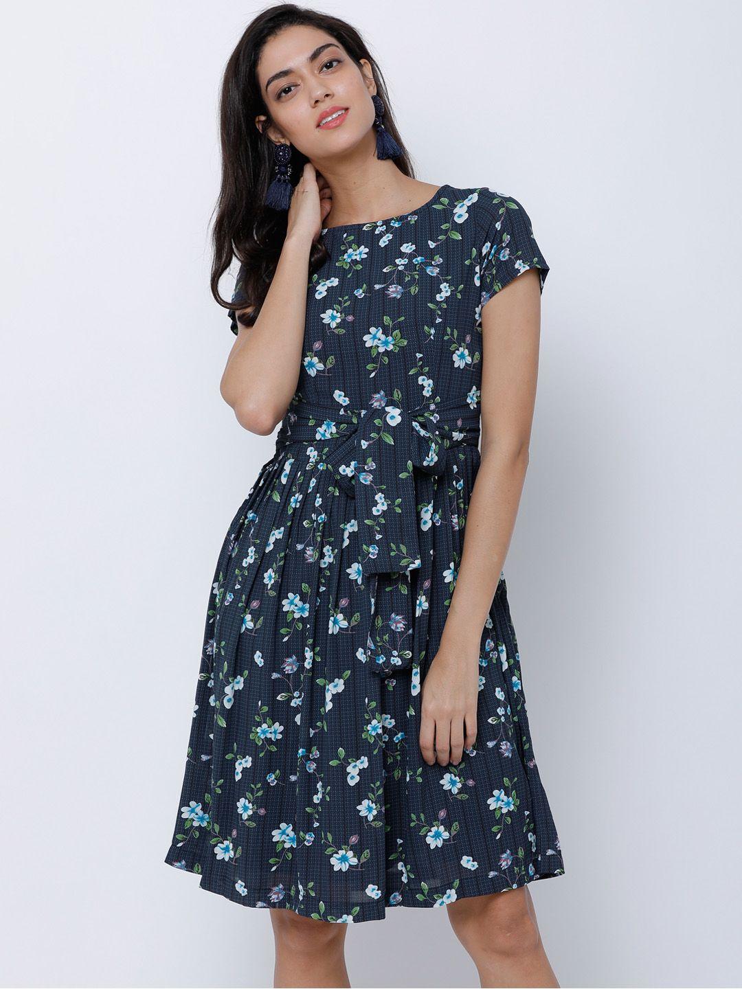 tokyo talkies women teal printed a-line dress