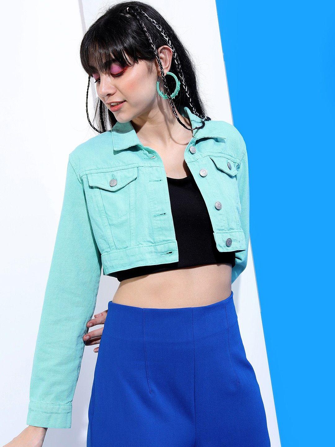 tokyo talkies women turquoise blue solid crop denim jacket
