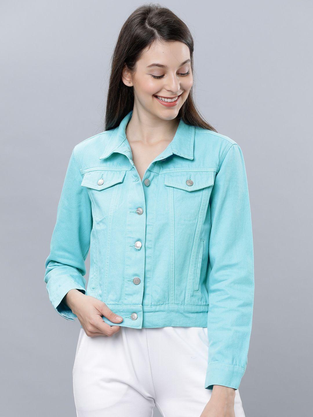 tokyo talkies women turquoise blue solid denim jacket